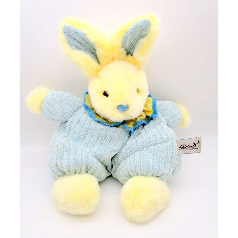 Vintage Rich Brand Yellow Blue Knit Bunny Rabbit Plush Stuffed Weighted Bottom